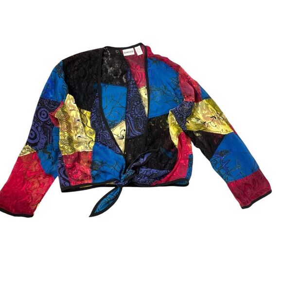 Chico's Silk Lace patchwork Top Women Large Multicolor Velvet Tie Front blouse 2 - Picture 15 of 15